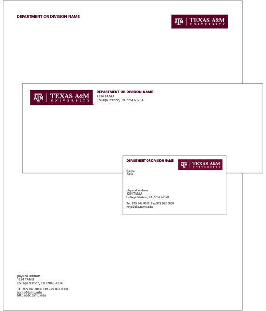 Pictures of example stationery with TAMU letterhead, logo, and address