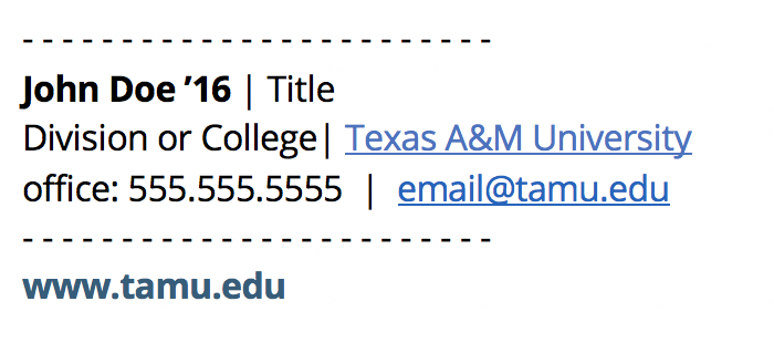 Example of a correct university email signature that uses only blue for the link color and no images
