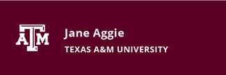 White engraving nametag template with Texas A&M logo, person's name, and university affiliation